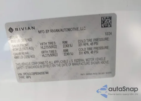 2025 Rivian R1S Ascend Tri Motor Max Pack/Premium Tri Motor Max Pack z USA, uszkodzony, nr VIN 7PDSGCBP8SN058744